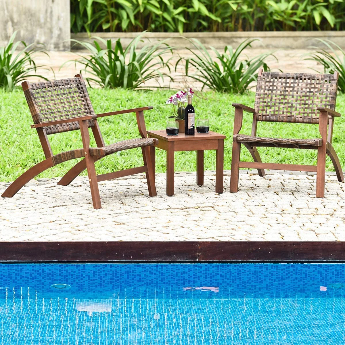 Elegant 3 PCS Elegant Conversation Set, Solid Eucalyptus Wood Frame Outdoor Wicker Furniture Set Bistro Set with Coffee Table, Rattan Furniture Set for Backyard Porch Garden Poolside Balcony (Brown)