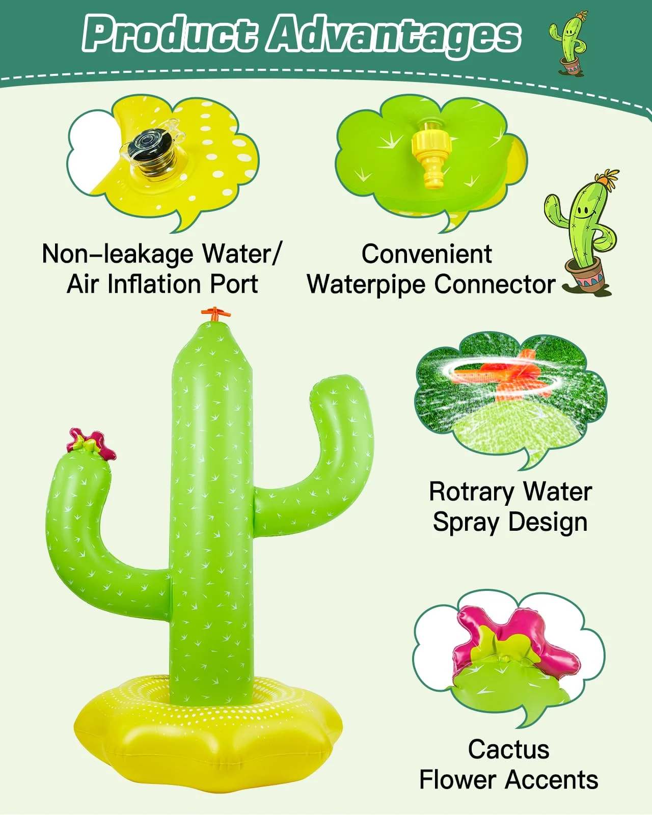 Anpro Water Sprinkler for Kids, Inflatable Cactus Spray Sprinkler Kids Outdoor Splashing Fun Activity, Summer Water Sprinkler Spray Toy for Yard, Lawn