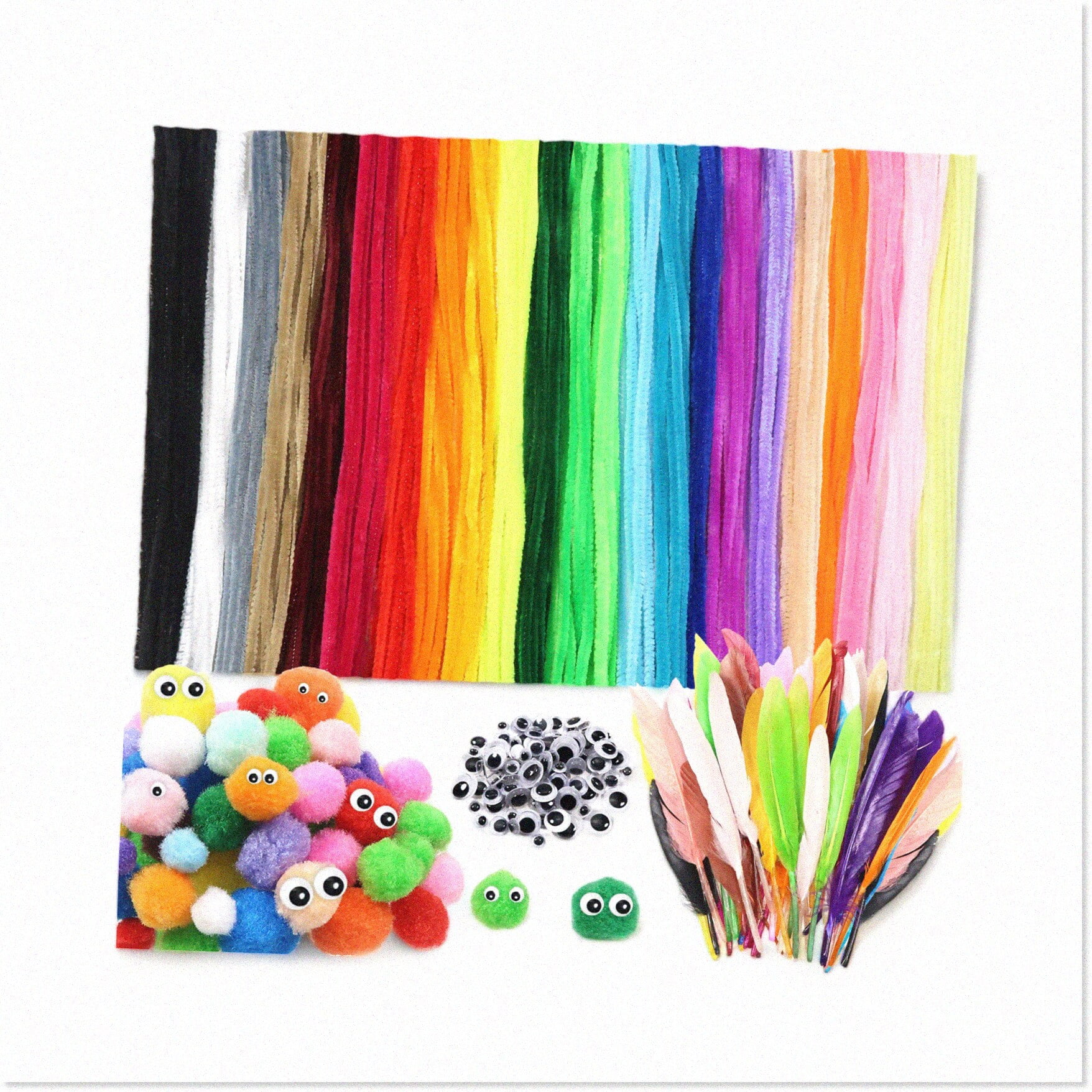 TOAOB 650pcs Craft Supplies Set - Chenille Stems, Pom Poms, Wiggle Googly Eyes, Goose Feathers - DIY Art Kit