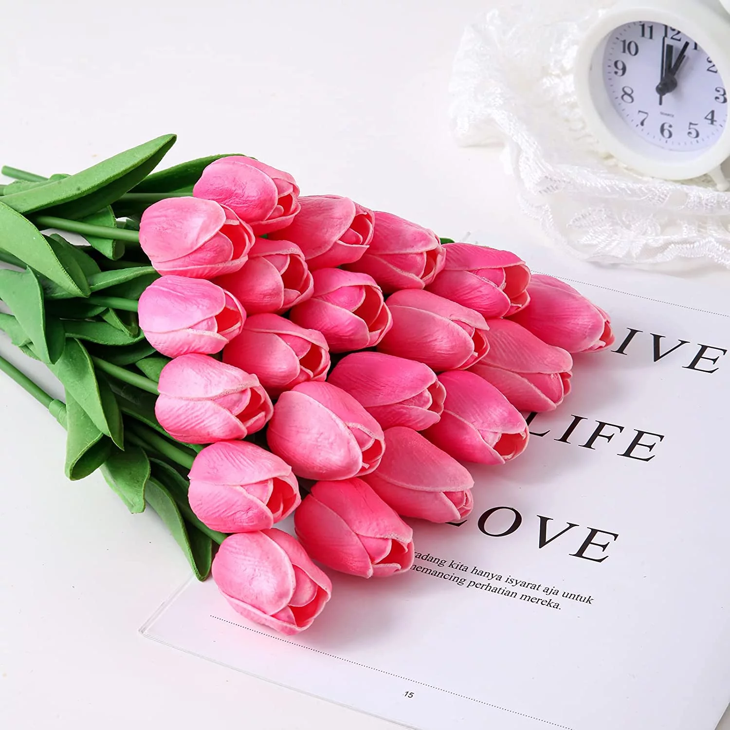 Morttic 10Pcs Pink Tulips Real Touch Artificial Flowers Fake Flowers for Decoration Faux Flowers for Home Kitchen Office Wedding Spring Holidays Valentine's Day Decor, Pink