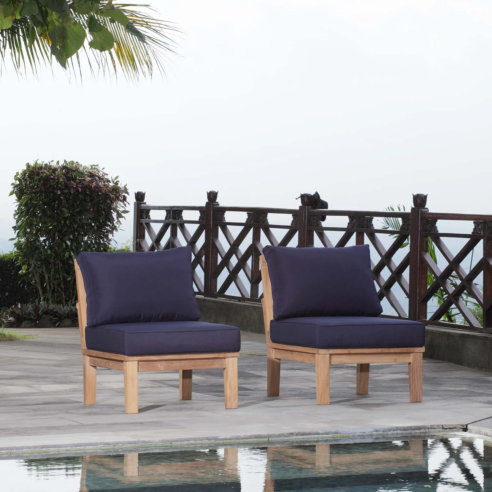 Modway Marina 2 Piece Outdoor Patio Teak Set in Natural Navy