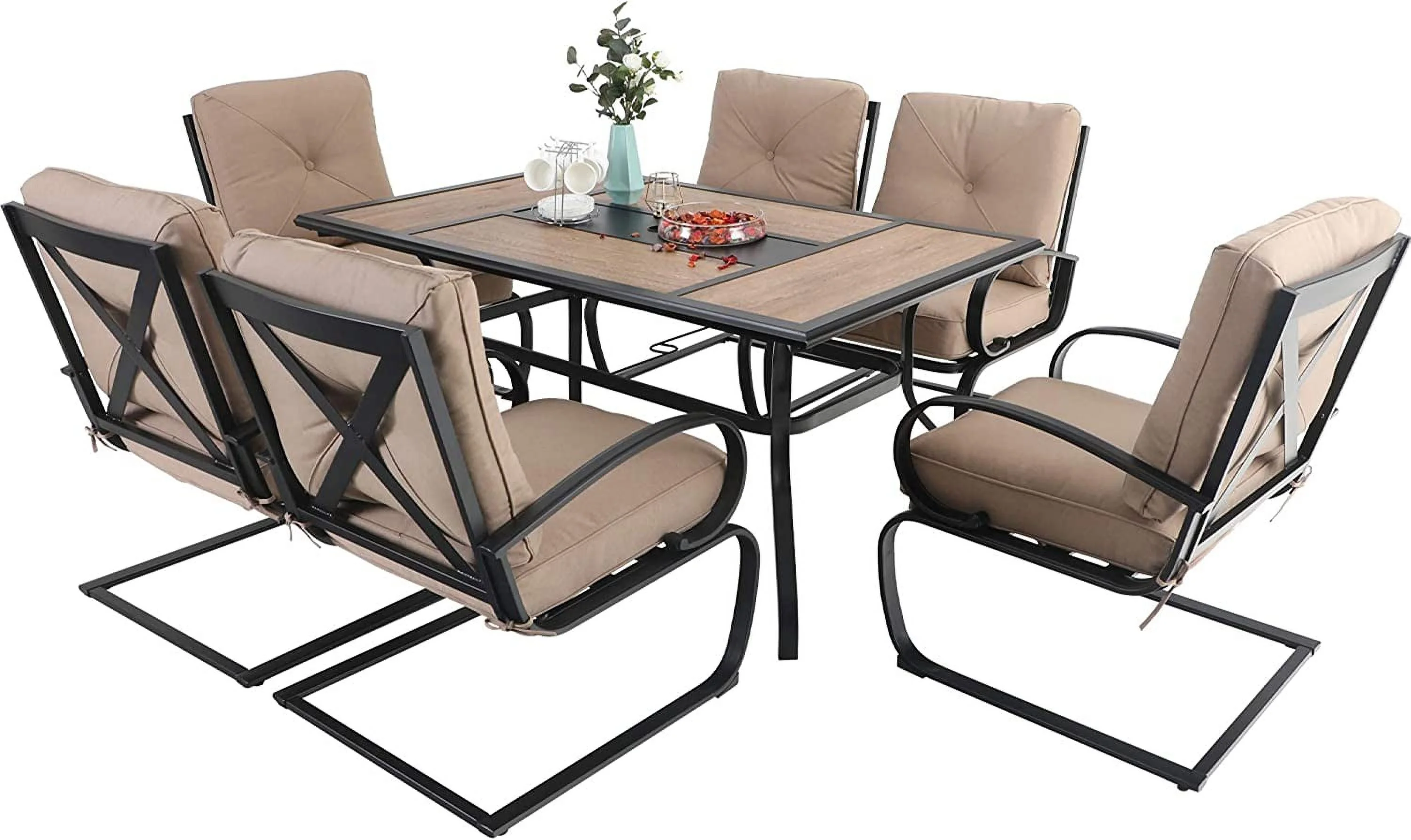 7 Piece Outdoor Patio Dining Set 6 Spring Motion Cushion Chairs  1 Rectangular Table with 1.57" Umbrella Hole Furniture Sets for Lawn Backyard Garden