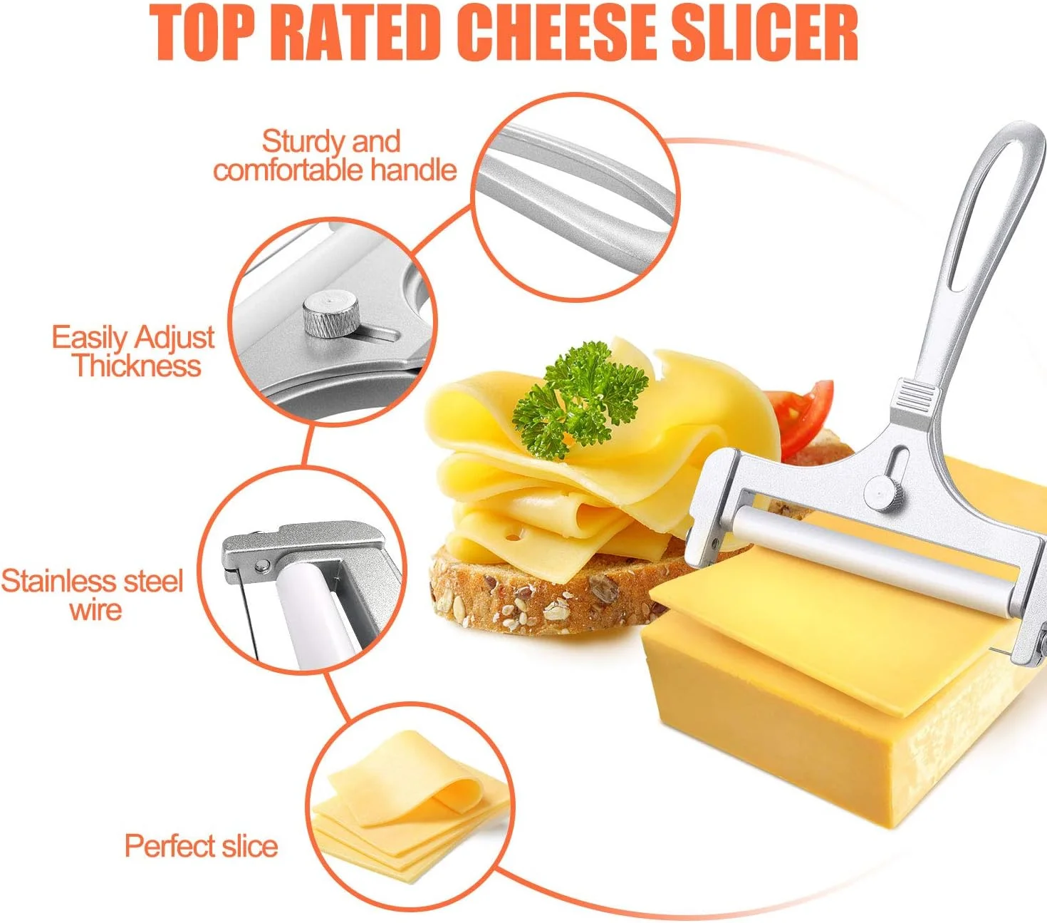 2 Pieces Stainless Steel Wire Cheese Slicer with Cheese Plane Tool, Adjustable Thickness Cheese Cutter for Soft, Semi-Hard, Hard Cheeses Kitchen Cooking Tool, Grey