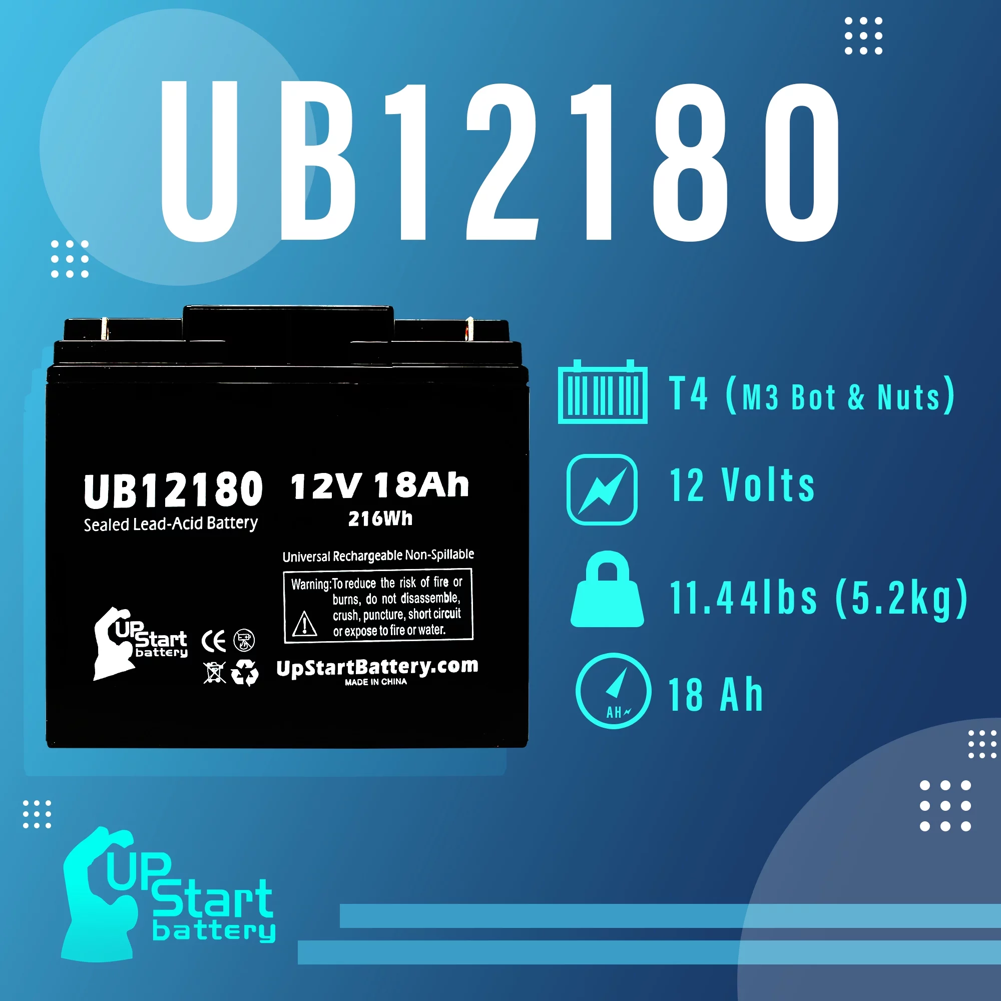 3x Pack - Compatible DR POWER EQUIPMENT 2001 Battery - Replacement UB12180 Universal Sealed Lead Acid Battery (12V, 18Ah, 18000mAh, T4 Terminal, AGM, SLA)