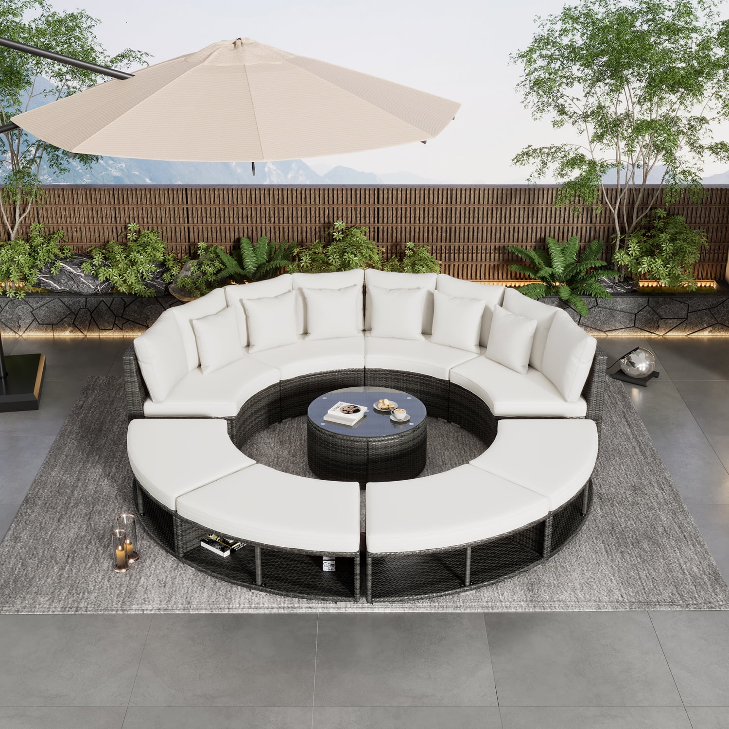 Outdoor Patio Furniture Luxury Circular Outdoor Sofa Set Rattan Wicker Sectional Sofa Lounge Set with Tempered Glass Coffee Table  6 Pillows Beige