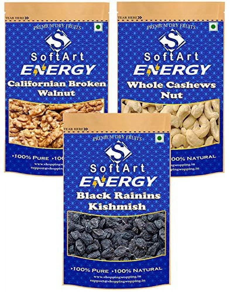 Softart Energy Californian Broken Walnuts, Whole Cashews Nuts & Black Kishmish (Black Raisins) (250G Each) Vacuum Pack
