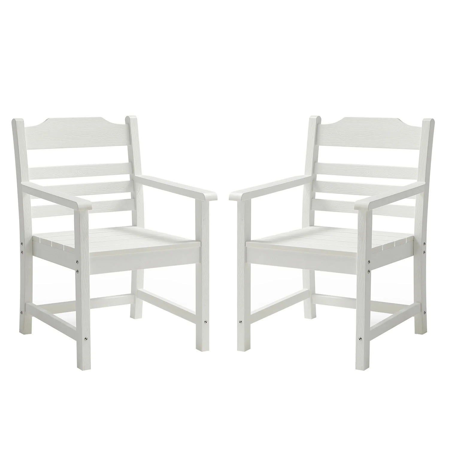 Outdoor Comfort and Style with Durable HIPS Material Set of 2 Pure White Imitation Wood Grain Texture Patio Dining Chairs featuring Armrests