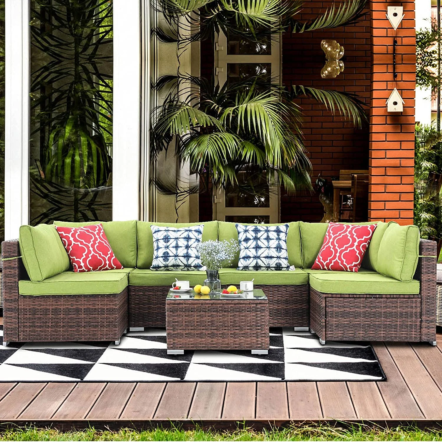 VONZOY 7 Pieces Patio  Set  Outdoor Sectional Sofa Couch  Brown Wicker Rattan Patio Conversation Set with Cushions and Table (Green)