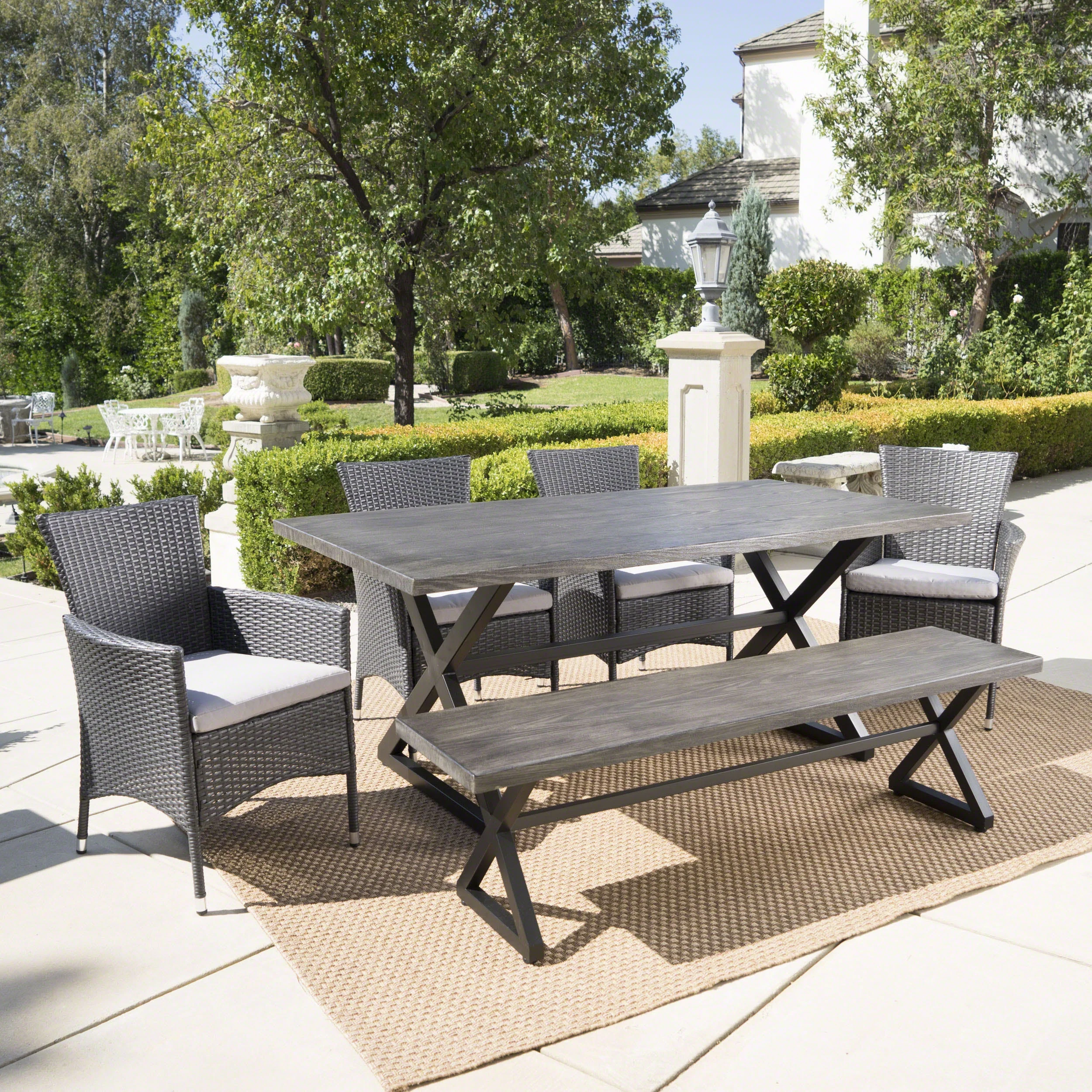 GDF Studio Linhurst Outdoor Wicker and Aluminum 6 Piece Dining Set with Bench, Black, Gray, and Light Gray