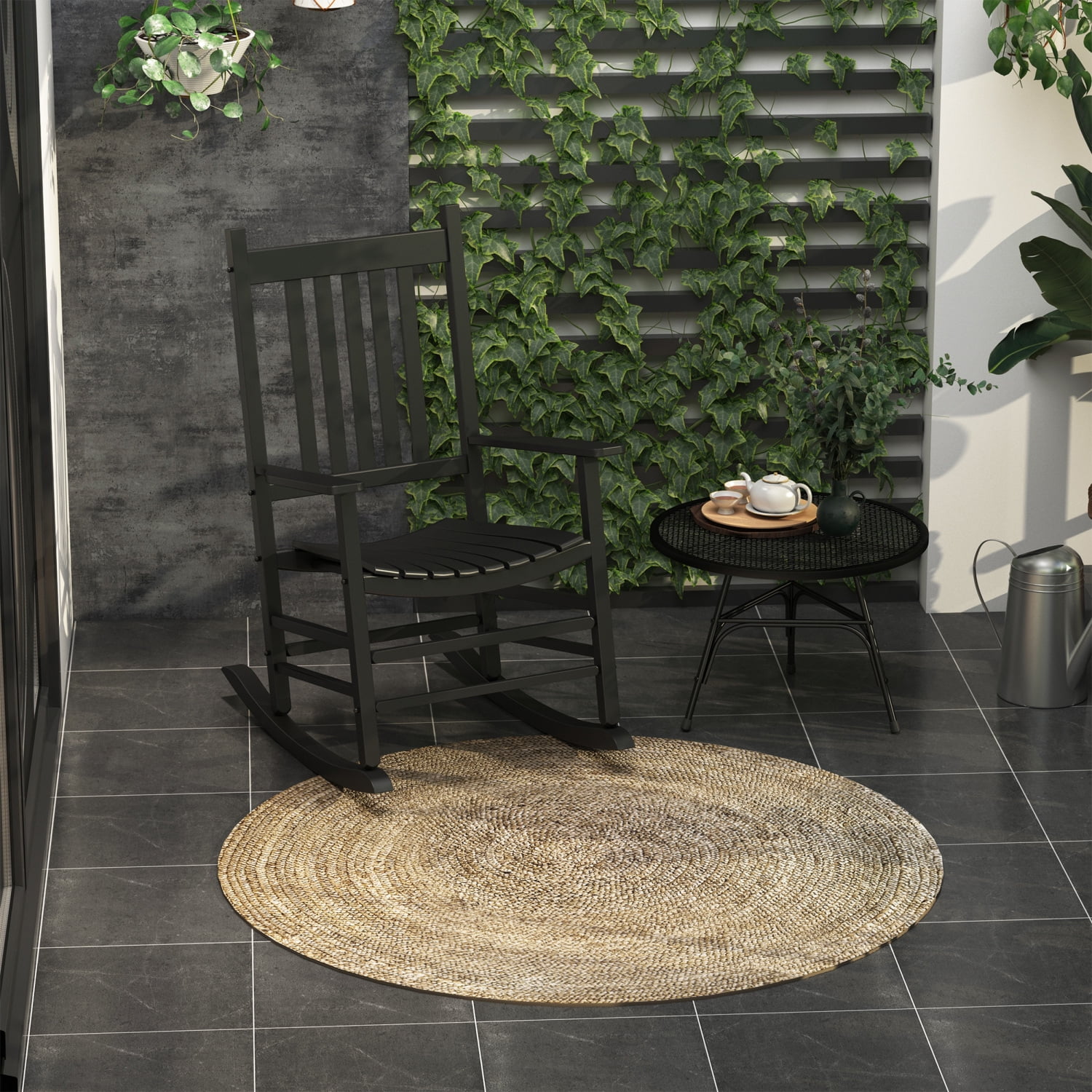 LEIYEHOOM Outdoor Rocking Chair  Patio Wooden Rocking Chair with Smooth Armrests  High Back for Garden  Balcony  Porch  Supports Up to 352 lbs.  Black