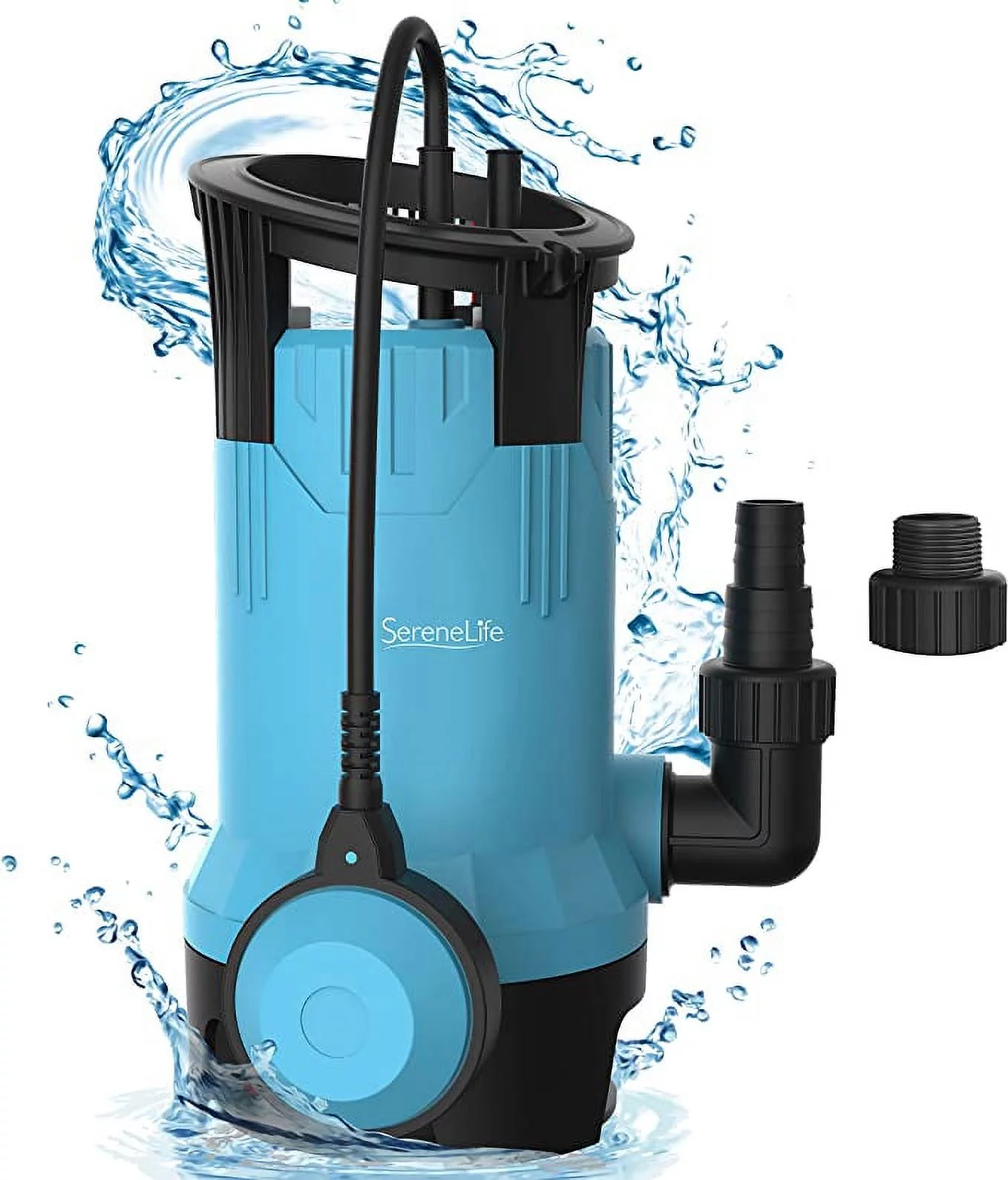 SereneLife Submersible Sump Pump for Pool Draining 750W 1HP 3302GPH Bonus 2 Fitting Attachment BLUE