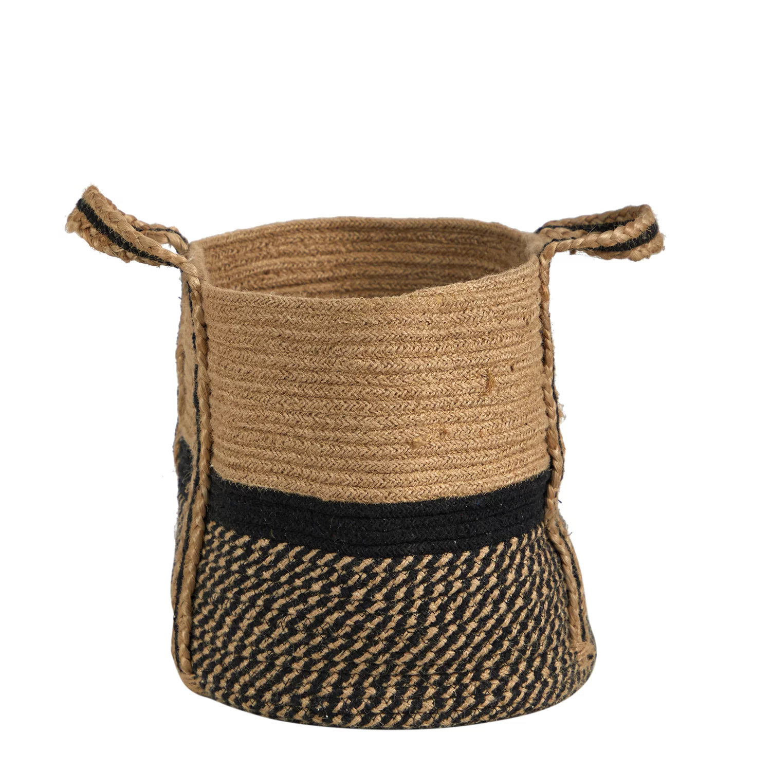Nearly Natural 13in. Boho Chic Basket  Jute Basket Planter, Black Bottom  Top with Handles