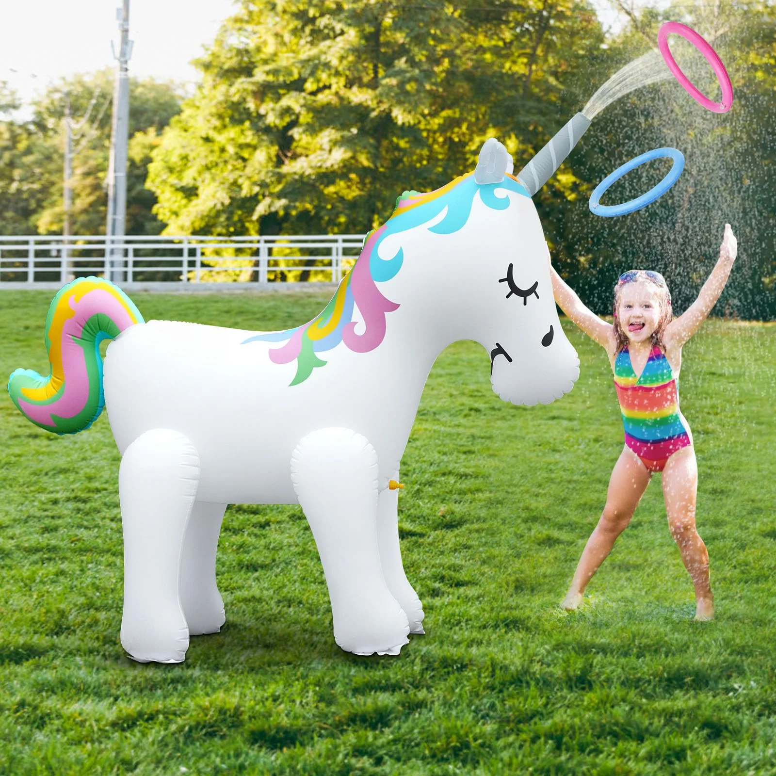 Inflatable Unicorn Sprinkler for Kids, Inflatable Water Sprinklers Toys, Outdoor Water Toys with 2 Rings, Summer Backyard Sprinkler, Spray Water Toy for Kids
