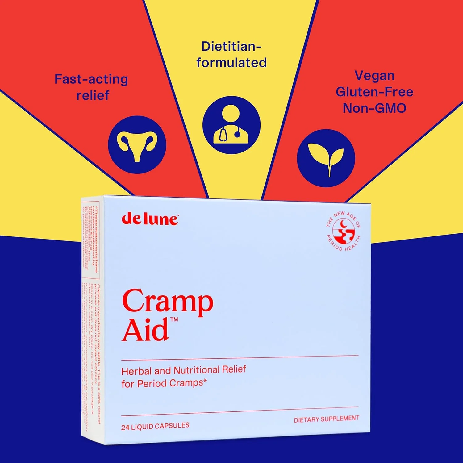 De Lune Cramp Aid, Menstrual Cramp Relief, Fast Acting, Vegan, Fenugreek, Ginger, Dong Quai, Calendula, Zinc for Women, Gluten Free, Vitamin B (24 Liquid Capsules)