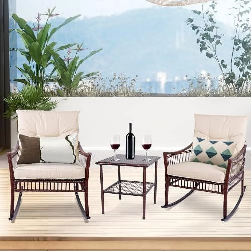 QYFZBIM Outdoor Rocking Chairs  3 Pieces Patio Conversation Set  Wicker Rocking Chairs  with Coffee Table  Front Porch  for Garden and Balcony (Brown Rattan Beige Cushion)
