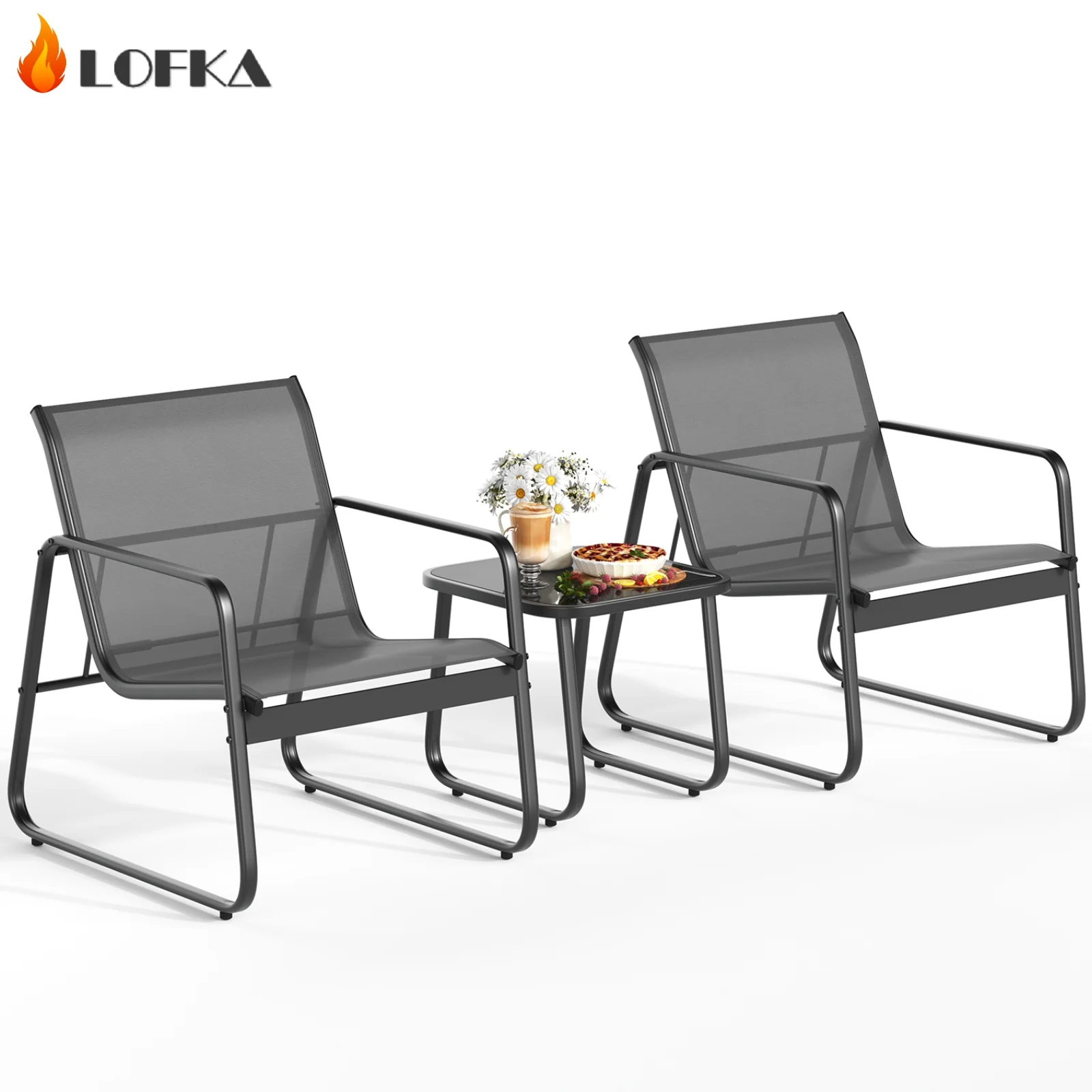 Outdoor Furniture Sets Clearance, Patio Chairs Set with Tempered Glass Coffee Table with Cool Textile Fabric Seats for Patio, Lawn, Garden, Balcony, Porch