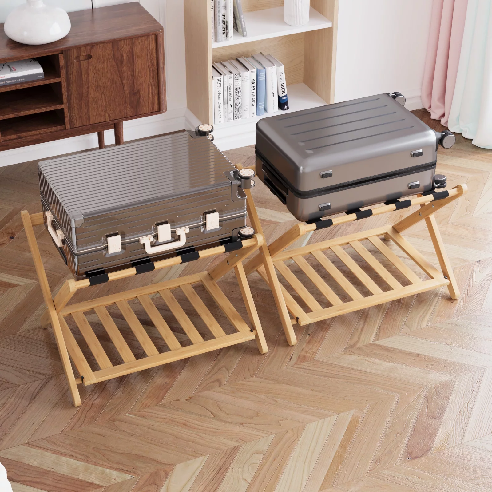 Smart FENDEE Luggage Rack Foldable Bamboo Suitcase Stand, Set of 2, Natural