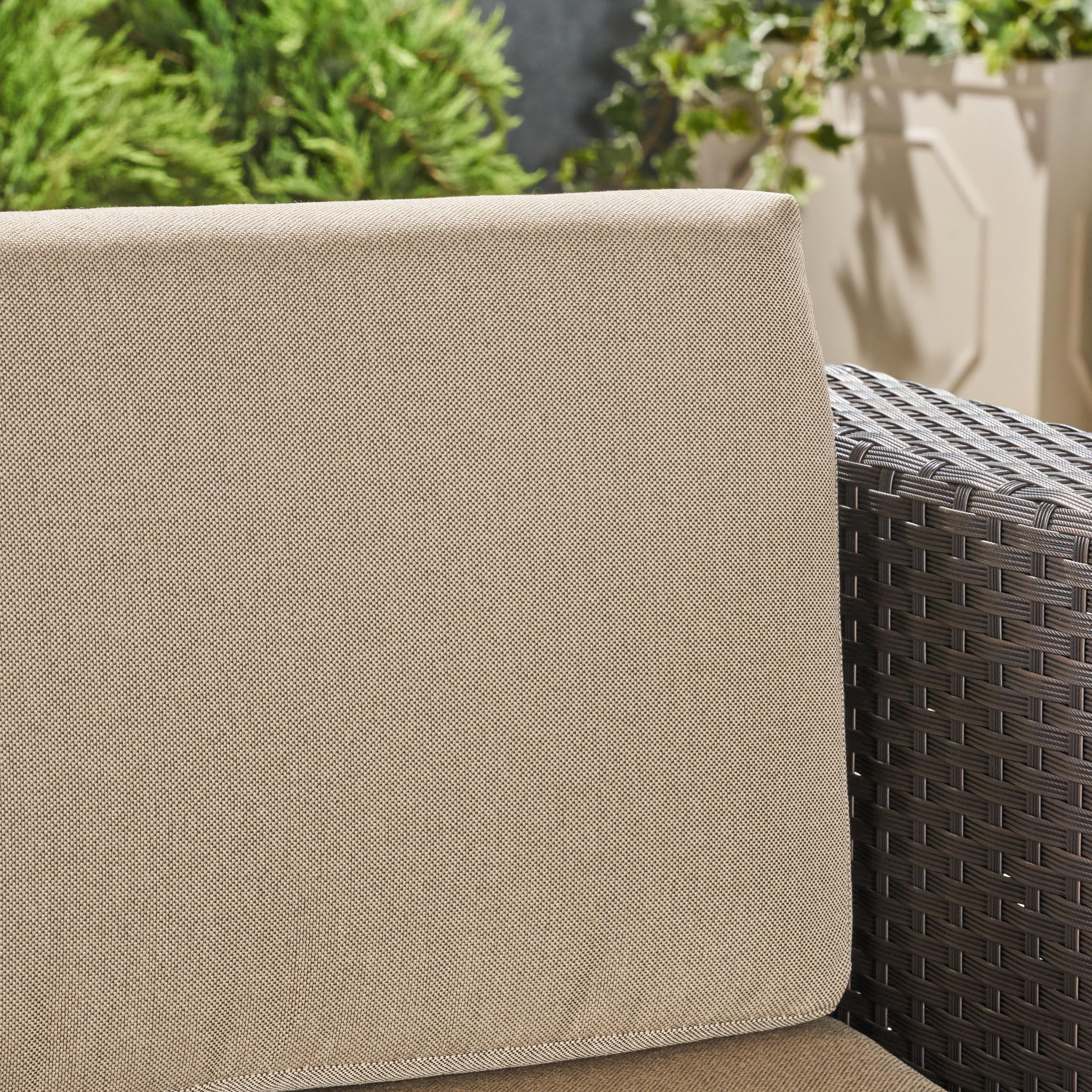 Eve Outdoor 5 Piece Wicker Club Chair Set with cushions and Round Fire Pit, Dark Brown, Beige, Light Gray