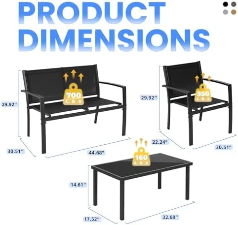 xrboomlife Patio  Set 4 Pieces Conversation Set Outdoor PE Rattan Chair with Cushion Tempered Glass Table Garden Balcony Sets for Yard Pool Backyard Brown/Beige