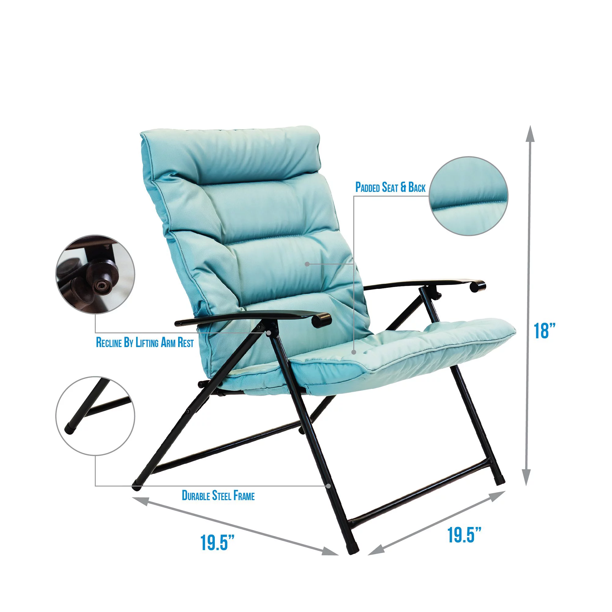 Patio Premier 3pc Folding Set with Cushions, Black Frame, Aqua Cushions