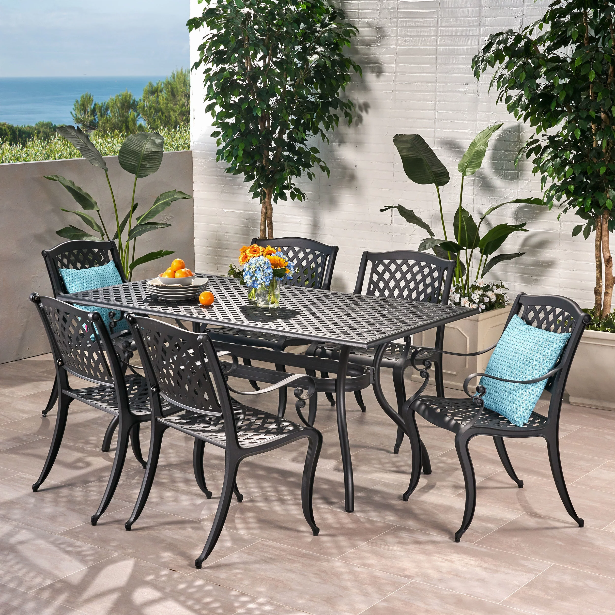 Marietta Outdoor 7-piece Cast Aluminum Black Sand Dining Set