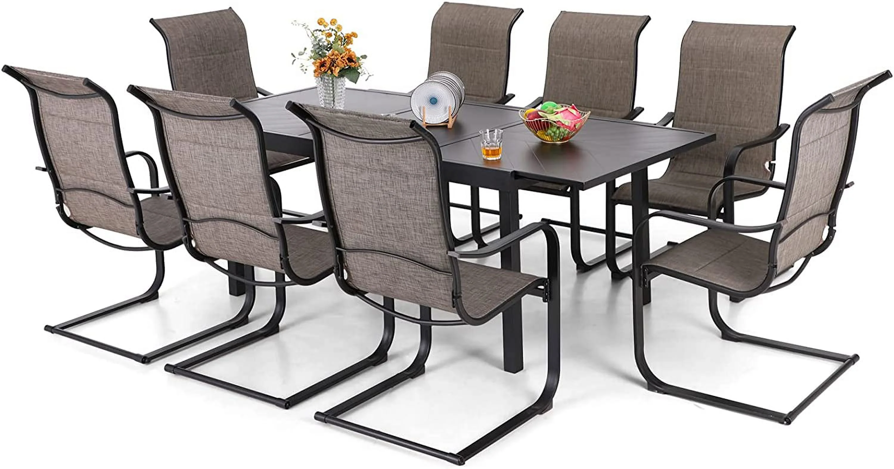 VILLA 7 PCS Outdoor Dining Table and Chairs 6 Spring Chairs with Higher Back and Wood-Like Table Top Dining Table Waterproof Rustproof for Garden  Yard