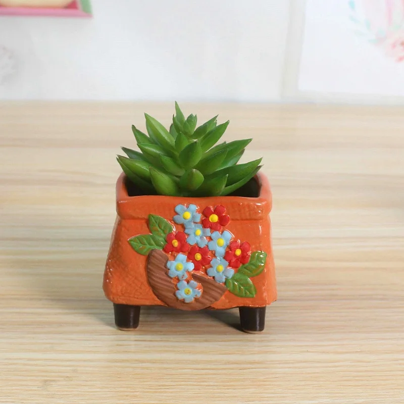 Creative Hand-painted Ceramic Succulent Flower Pot with Embossed Design