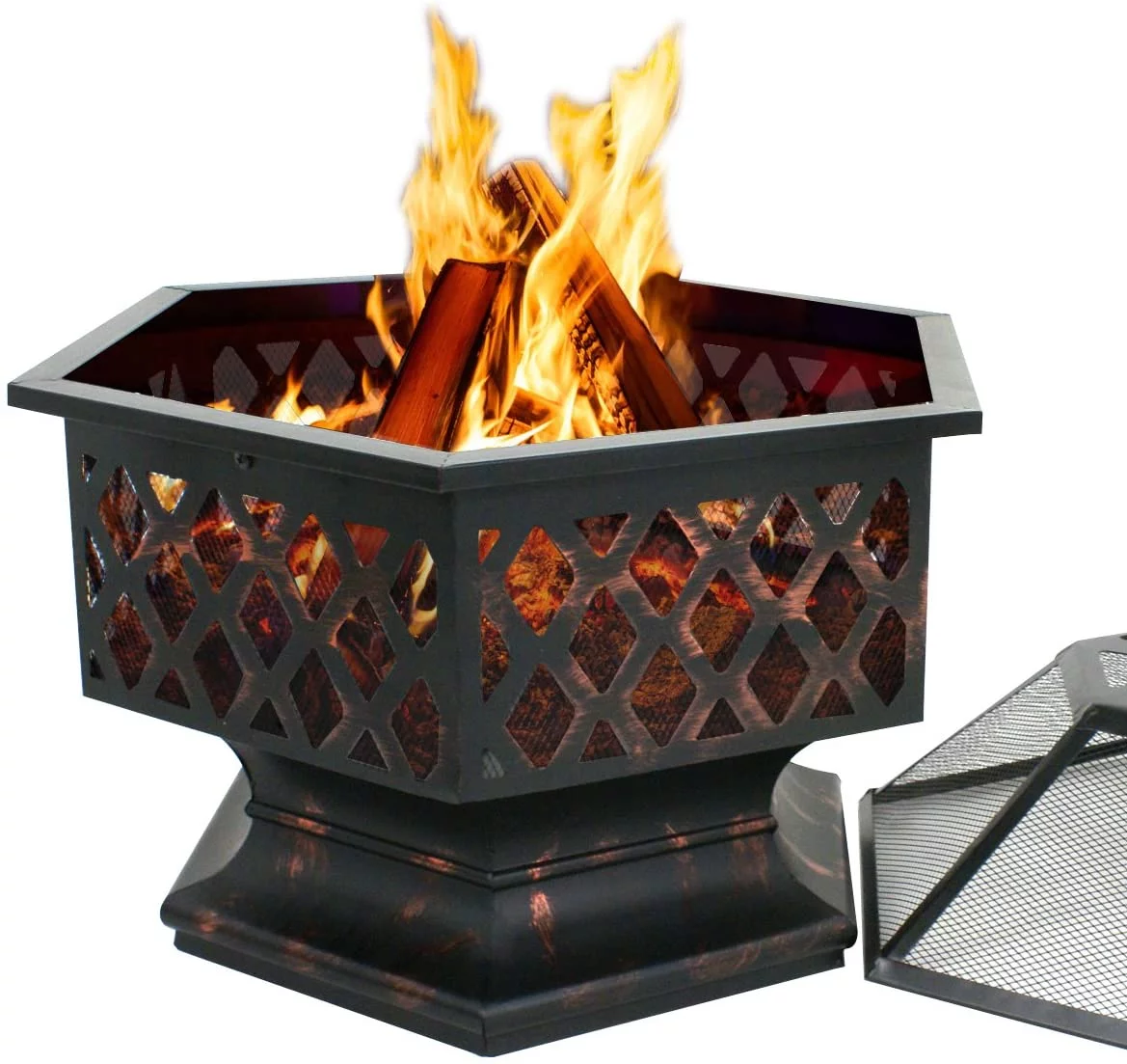 Hex Shaped Fire Pit Wood Burning Fireplace Firepit Bowl with Spark Screen Cover Patio Backyard Heater Steel 24