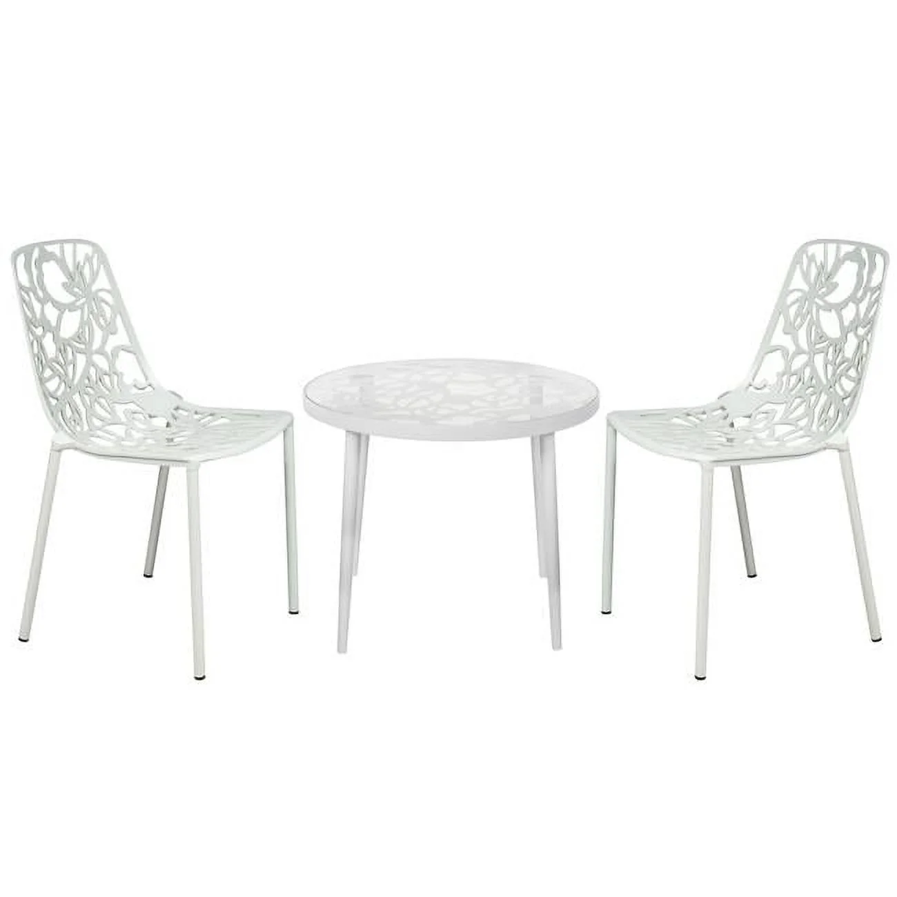 19 x 23 x 23 in. Devon Mid-Century Modern 3 Piece Aluminum Outdoor Patio Dining Set with Tempered Glass Top Table & 2 Stackable Flower Design Chair, White