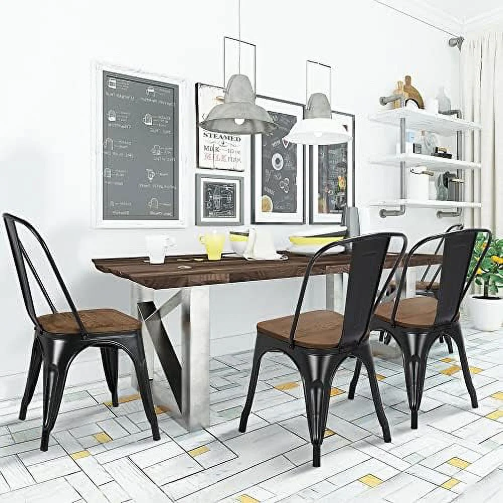 18 Inch Classic Iron Metal Dining Chair With Wood Top/Seat Indoor-Outdoor Use Chic Dining Bistro Cafe Side Barstool Bar Chair Coffee Chair Set Of 4 Black