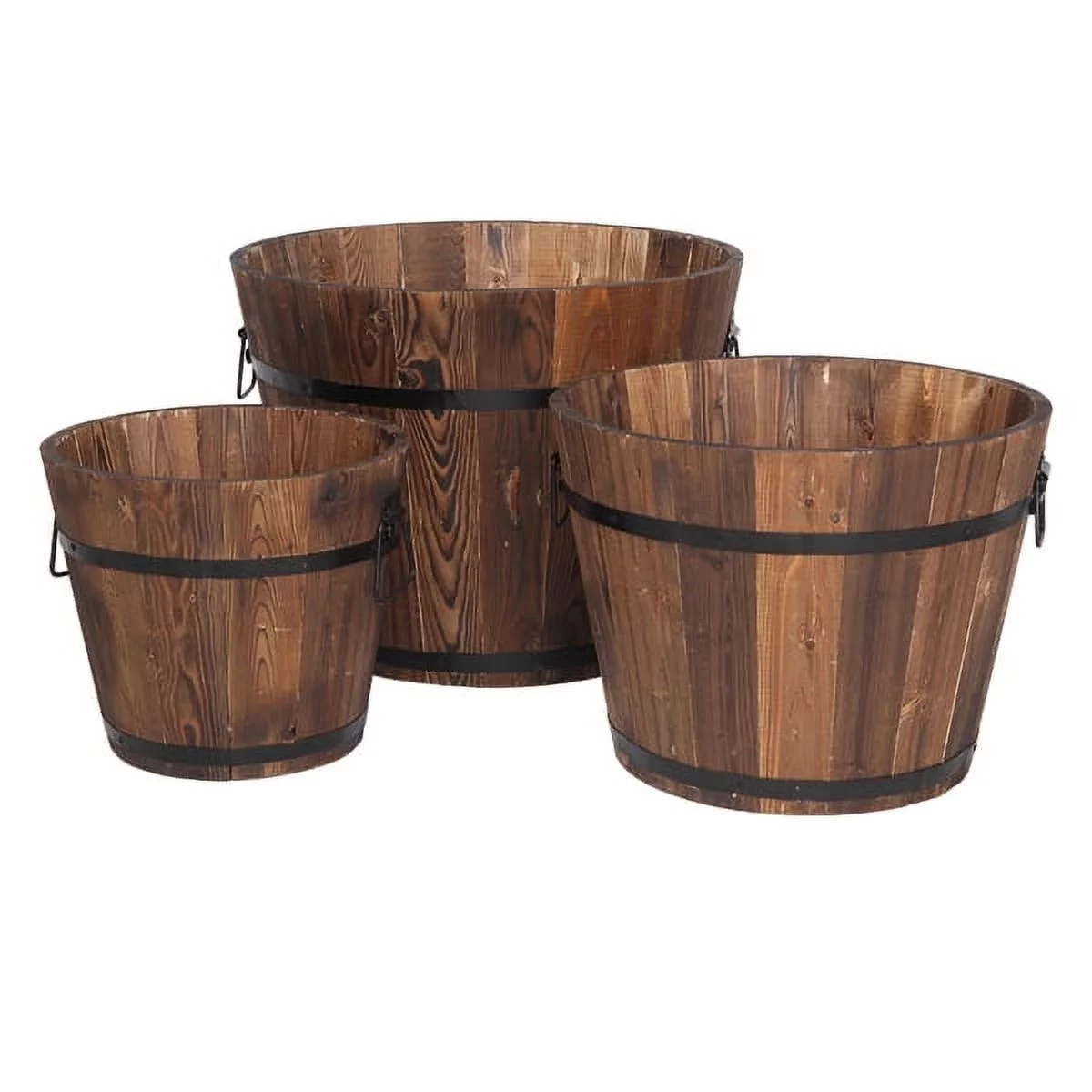 Set of 3 Wooden Planting Pot Outdoor Reinforced Anticorrosive Cedar Barrels Brown