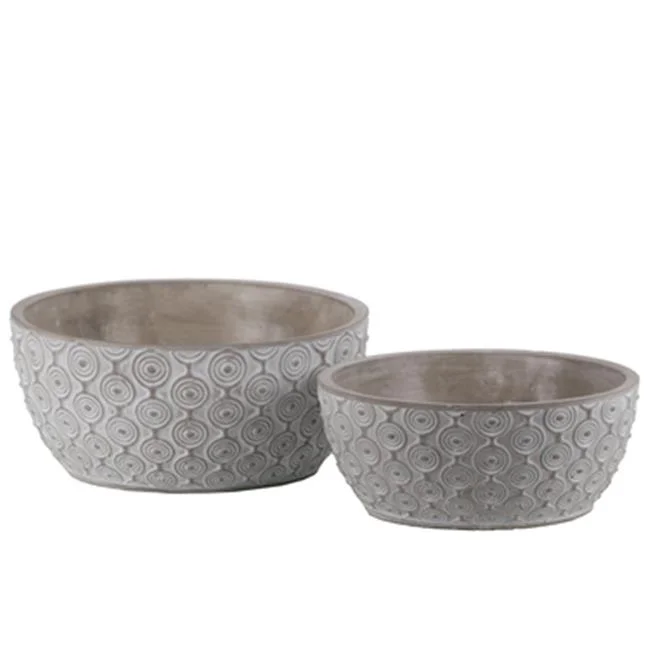 Cement Low Round Pot with Painted Embossed Concentric Circle, Gray - Set of 2