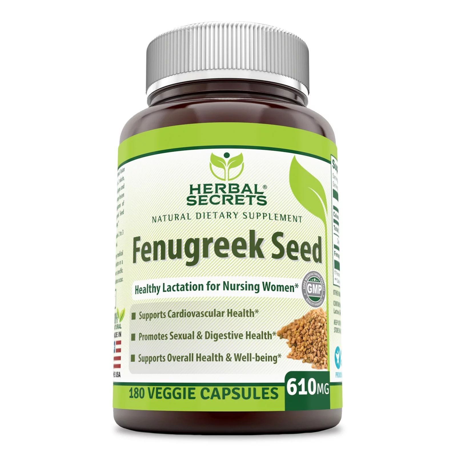 Herbal Secrets Fenugreek Seed Supplement - 610mg, 180 Veggie Capsules (Non-GMO) - Supports Cardiovascular Health - Promotes Sexual & Digestive Health -Supports Overall Health & Well-Being.