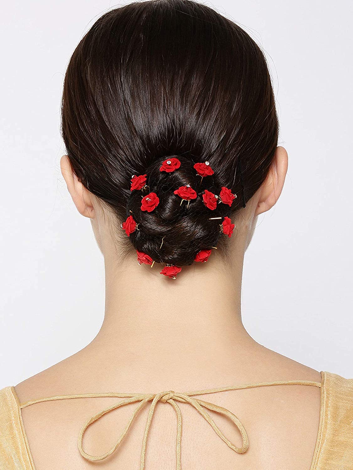 Manodhruva Fancy Velvet Red Rose U Shaped Juda Pin For Women, 12 Pcs