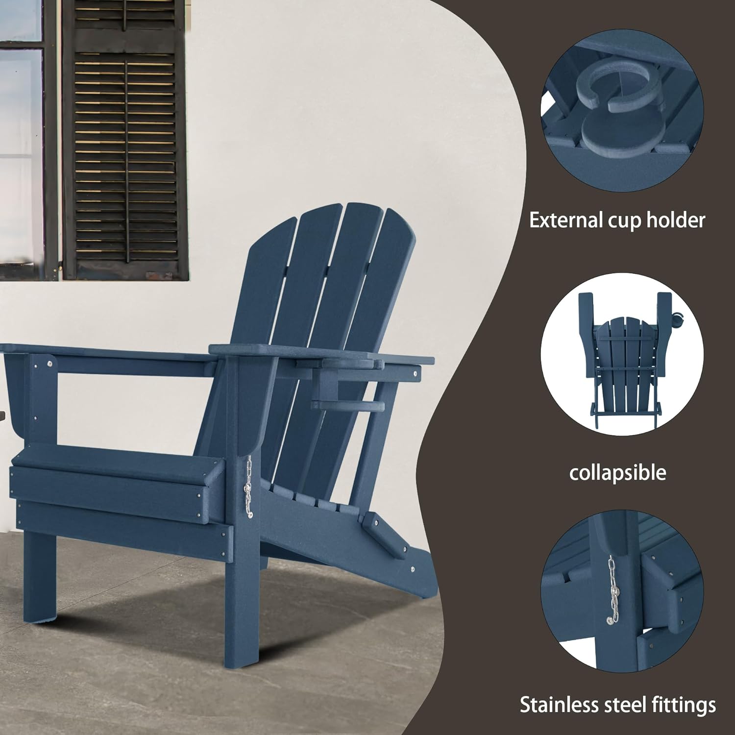 Folding Adirondack Chair Gardens, Fire Pit Chair with Plastic Cup Holder, Decks, Seaside Weather Resistant, Waterproof, Easy to Assemble (Navy Blue)