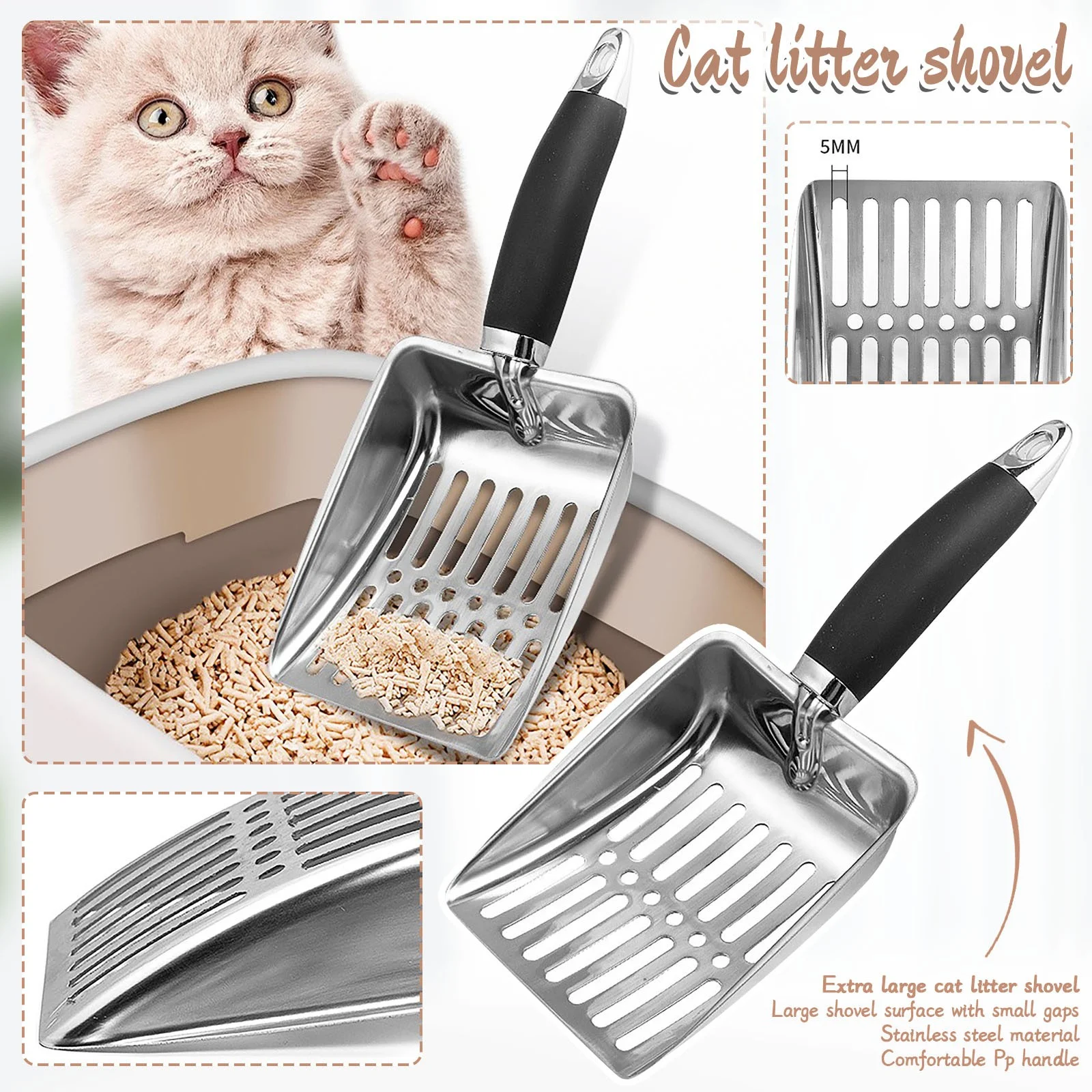 Cat Litter Shovel Stainless Steel Cat Litter Sieve Heavy Duty Poop Metal Shovel Poop Sieve