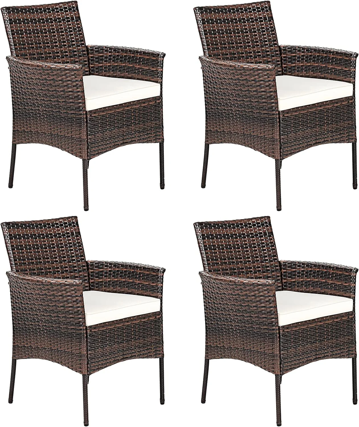 S Dining Chairs Set of 4 PCS Wicker Armchairs with Comfortable Cushions for Deck, Garden, Lawn, Balcony, Backyard and Poolside Outdoor PE Rattan Fire Pit Chairs (4, Brown+Beige)