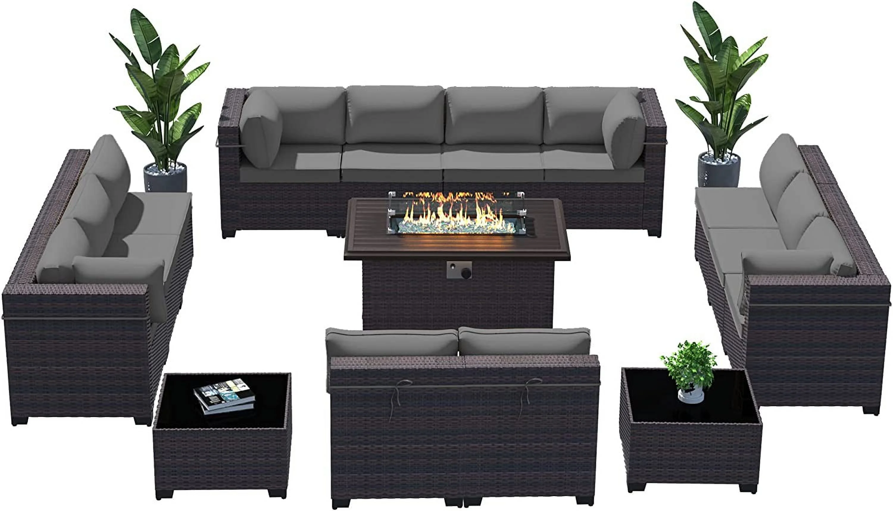 Outdoor Patio Furniture Set  14 Pieces Outdoor Furniture All Weather Patio Sectional Sofa PE Wicker Modular Conversation Sets with Coffee Table 12 Chairs & Seat Clips(Sand)