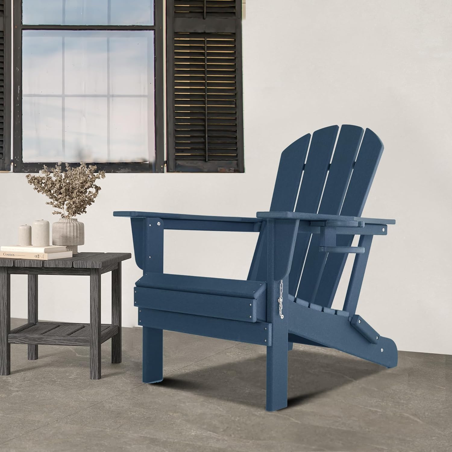 Folding Adirondack Chair Gardens, Fire Pit Chair with Plastic Cup Holder, Decks, Seaside Weather Resistant, Waterproof, Easy to Assemble (Navy Blue)