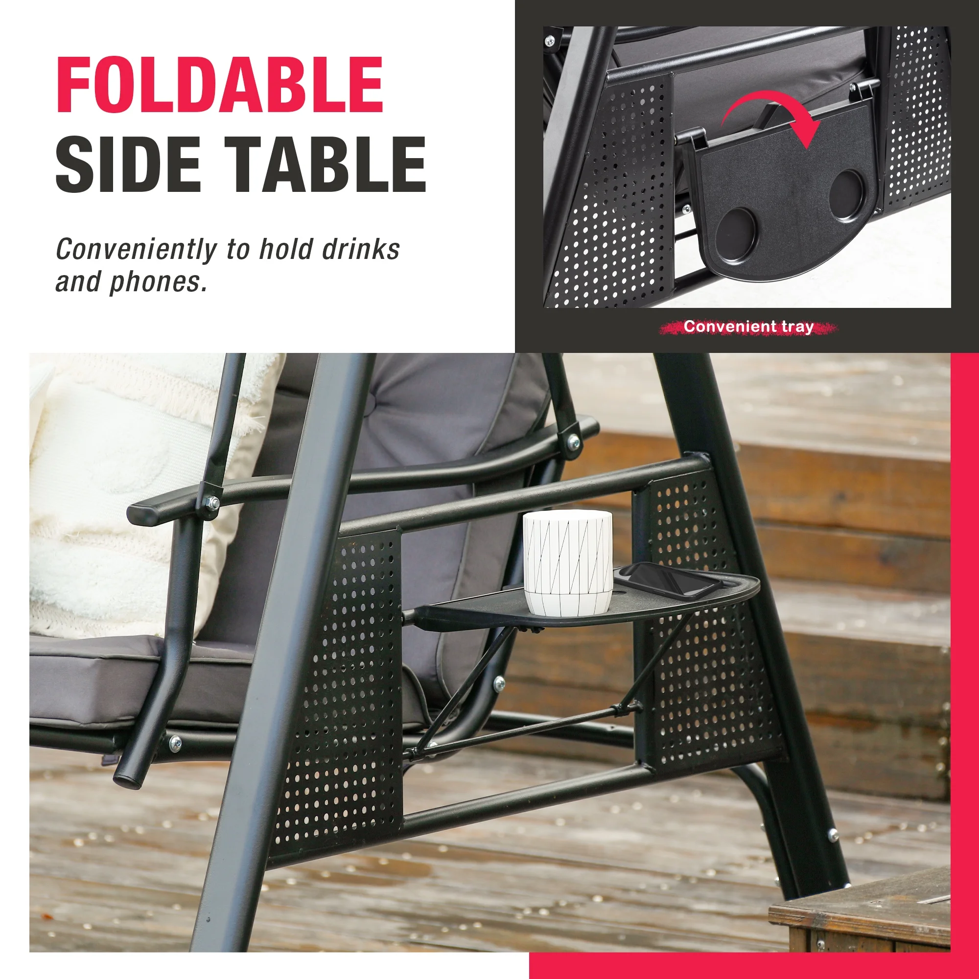 2-Person Gray Metal Patio Swing with Canopy and Cushion