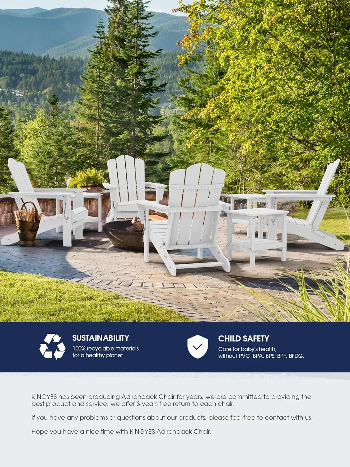 KINGYES Folding Adirondack Chair, HDPE All-Weather Folding Adirondack Chair, White