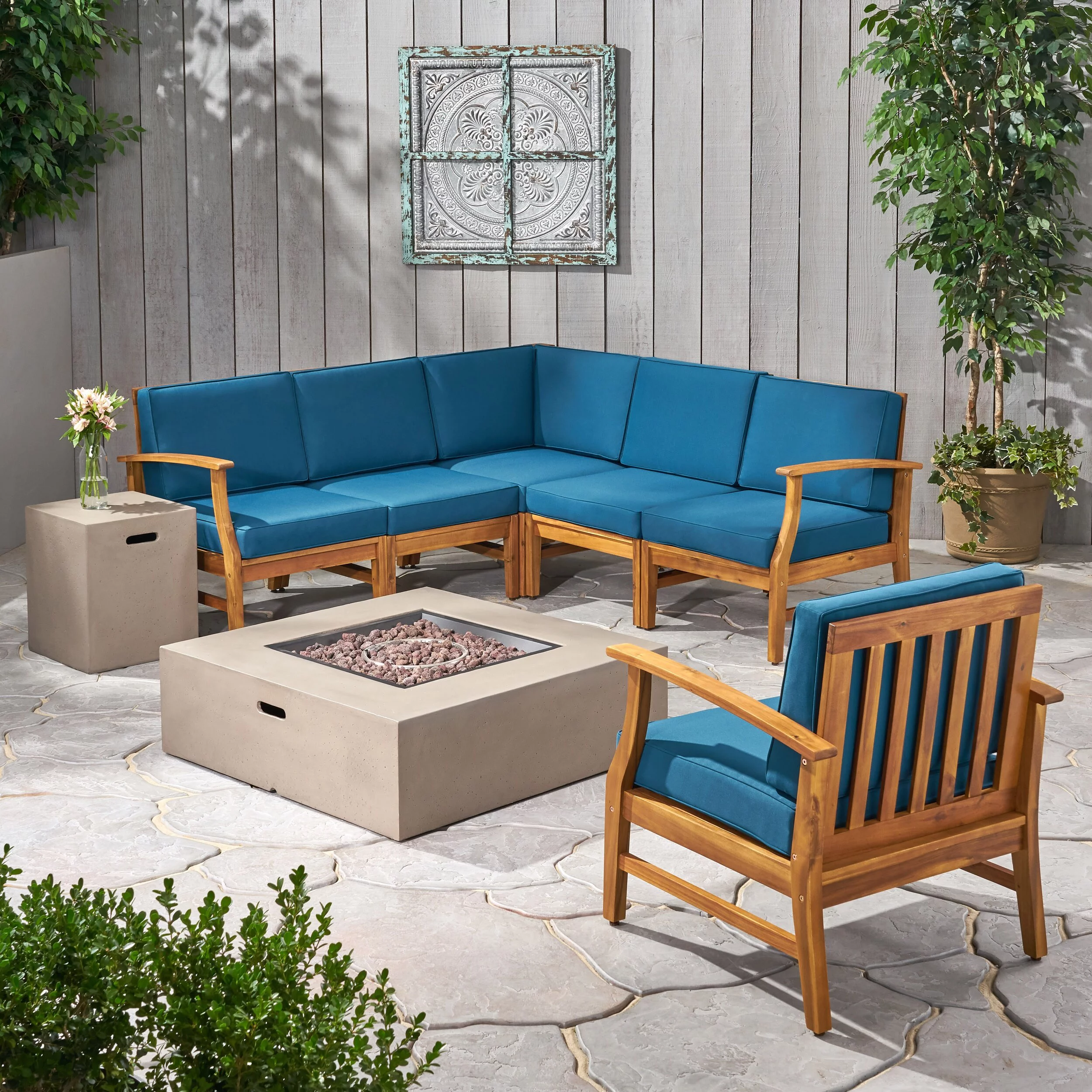 Christopher Knight Home Illona Outdoor Acacia Sofa Set by  Teak + Blue Cushion + Light Gray