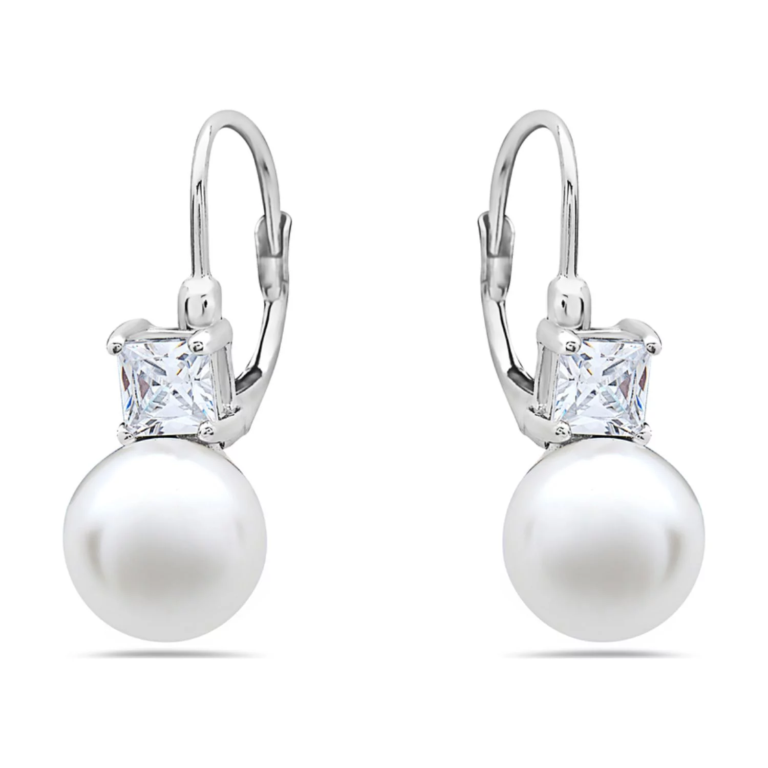 Sterling Silver Faux Pearl CZ Bridal Earring Lever Back