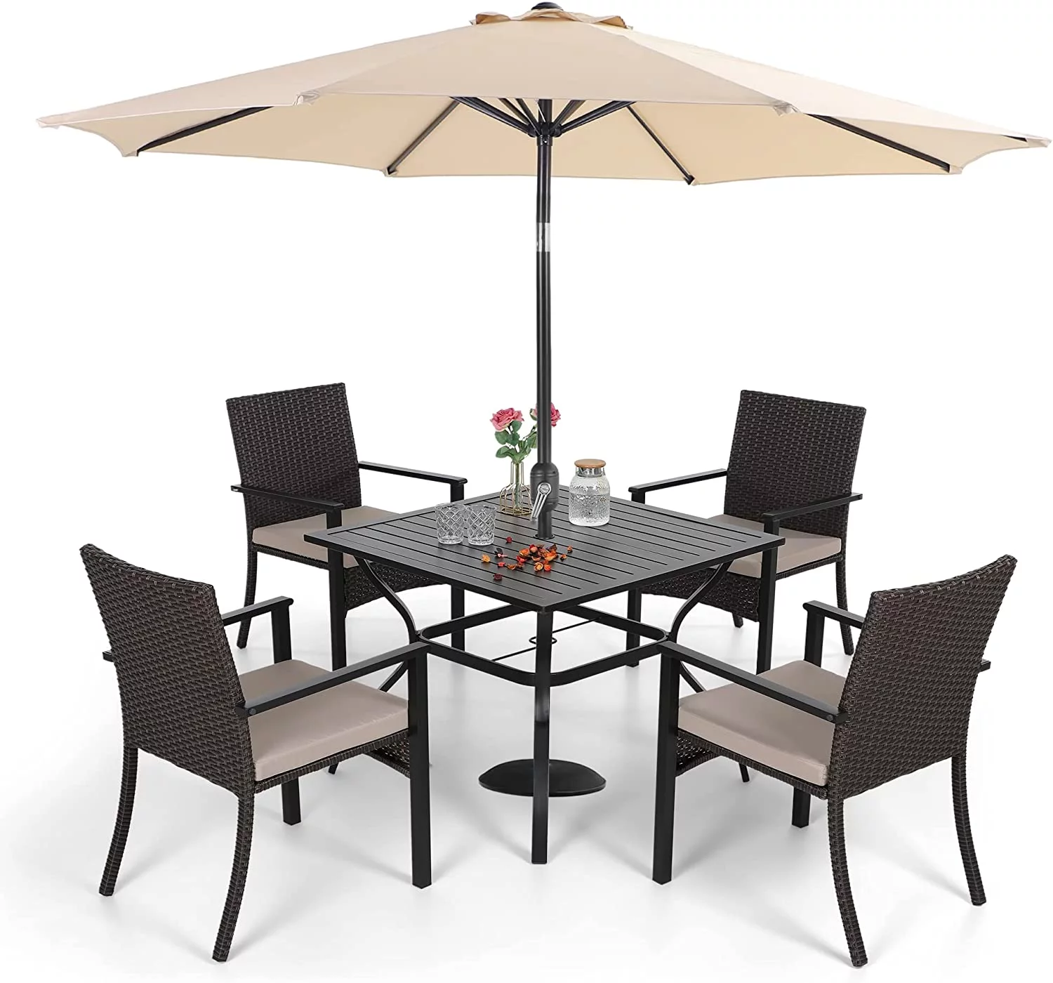 & William Outdoor 6 Pieces Dining Set with 4 Rattan Chairs  1 Metal Table and 1 10ft 3 Tier Auto-tilt Umbrella(No Base) Orange Red  Modern Patio Furniture for Poolside  Porch  Patio