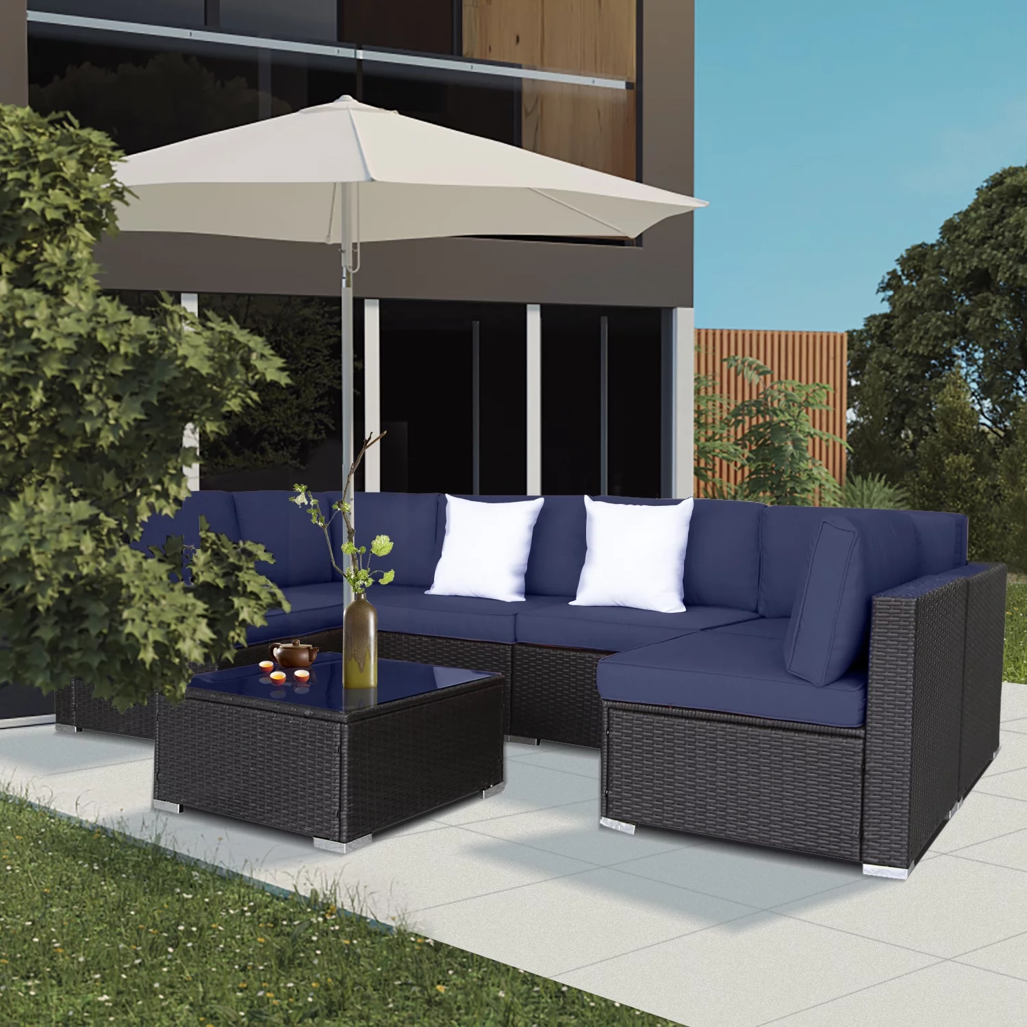 Blue 7-Piece Rattan Woven Leisure Chair Set，With Tempered Glass Table,Outdoor Wicker Furniture Conversation Set Patio Furniture，Suitable for Restaurants or Backyard Lawn Balconies