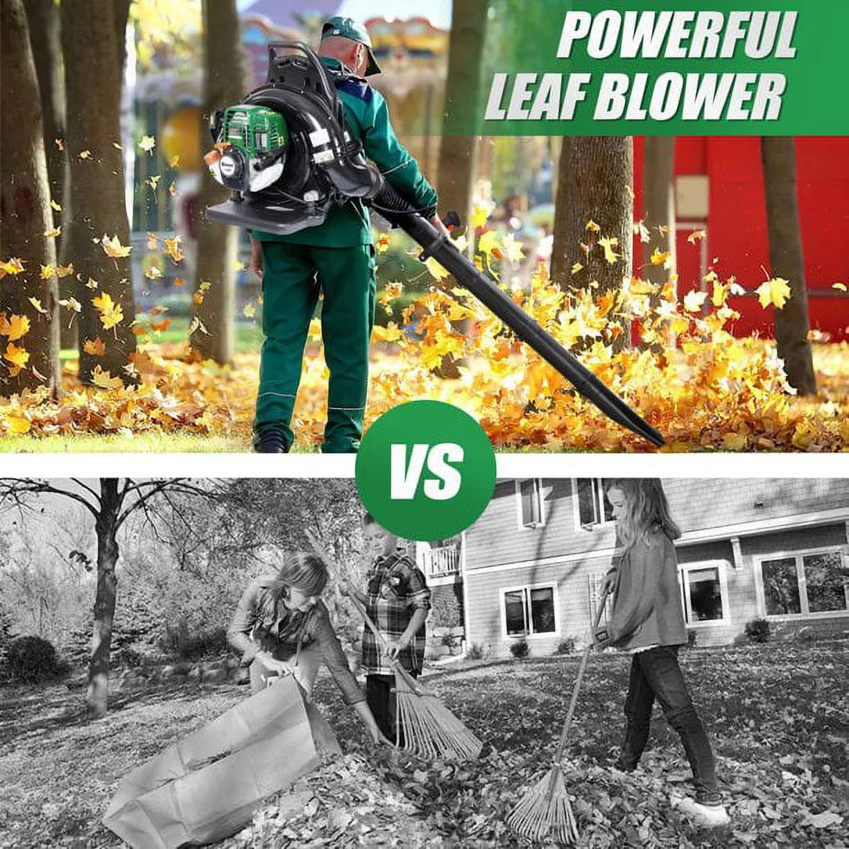 37.7CC 4 Stroke Leaf Blower Backpack with Extention Tube for Snow Blowing and Cleaning, Green (1.5HP 580CFM)