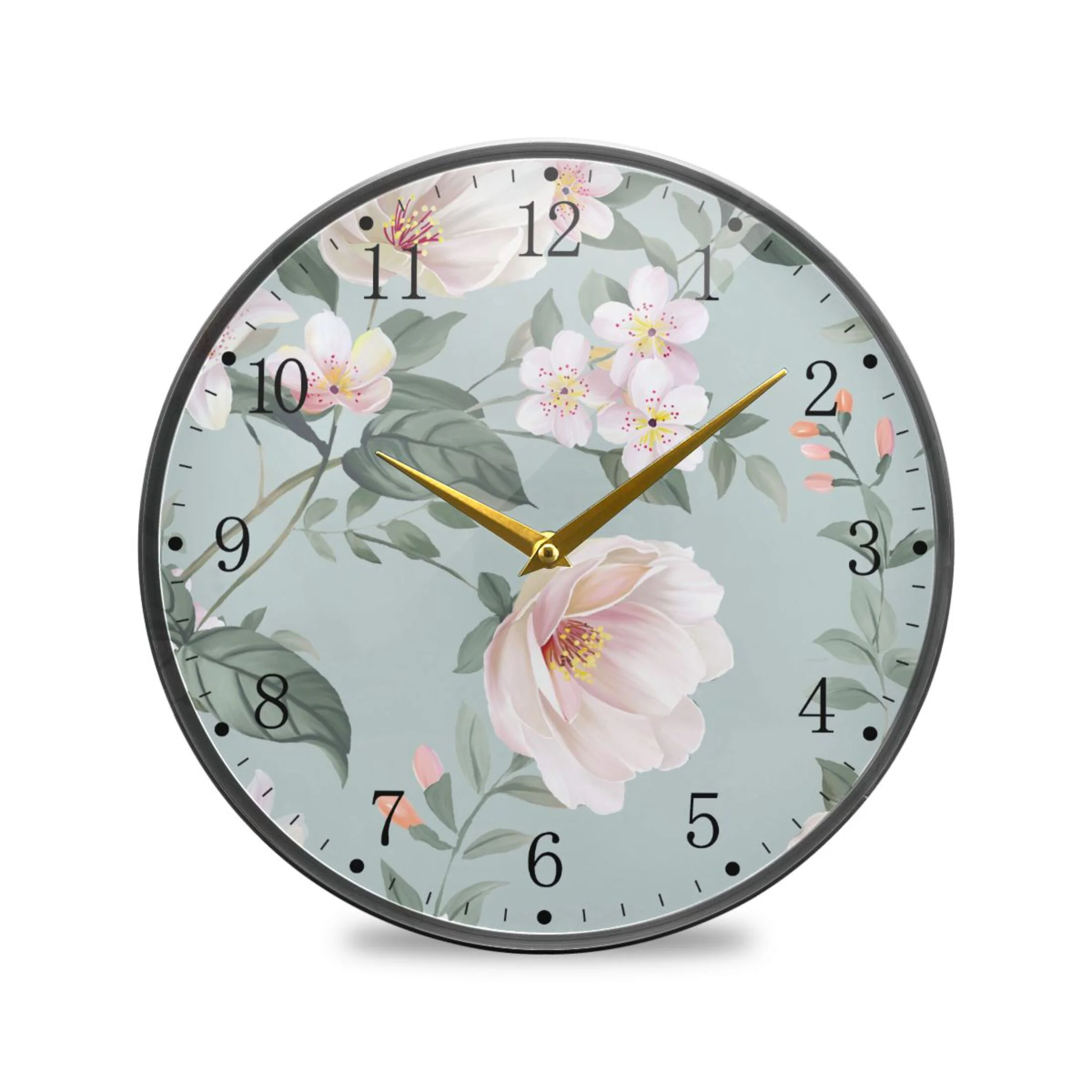 Watercolor Flowers on Blue Acrylic Wall Clocks Quiet Round Clock Battery Operated Non-Ticking Clock for Bedroom Kitchen Office Decorative 9.5 Inch