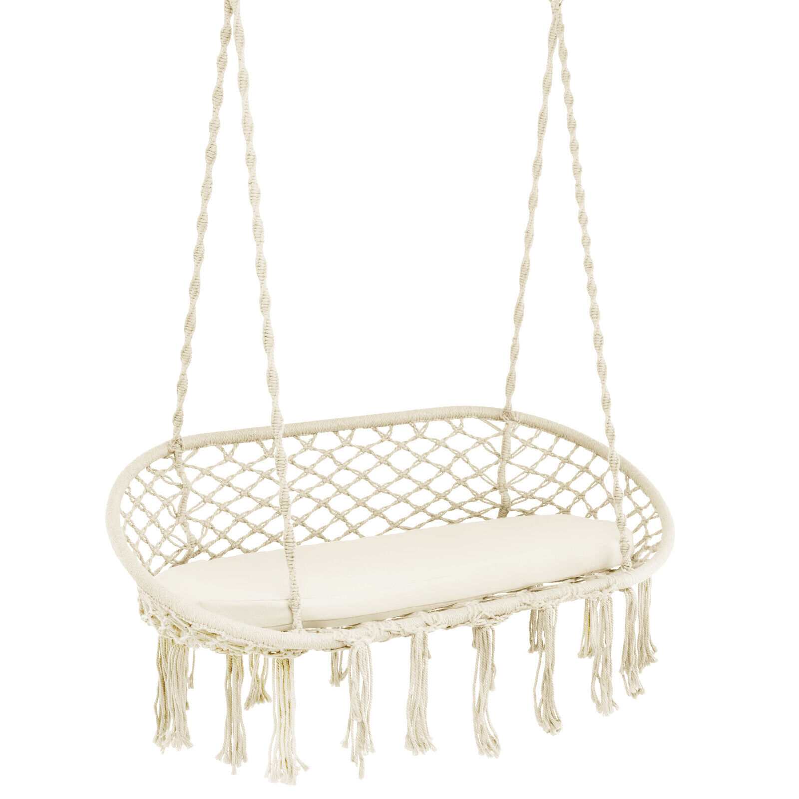 2 Person Hanging Hammock Chair with Cushion Macrame Swing 330 lbs Capacity Beige