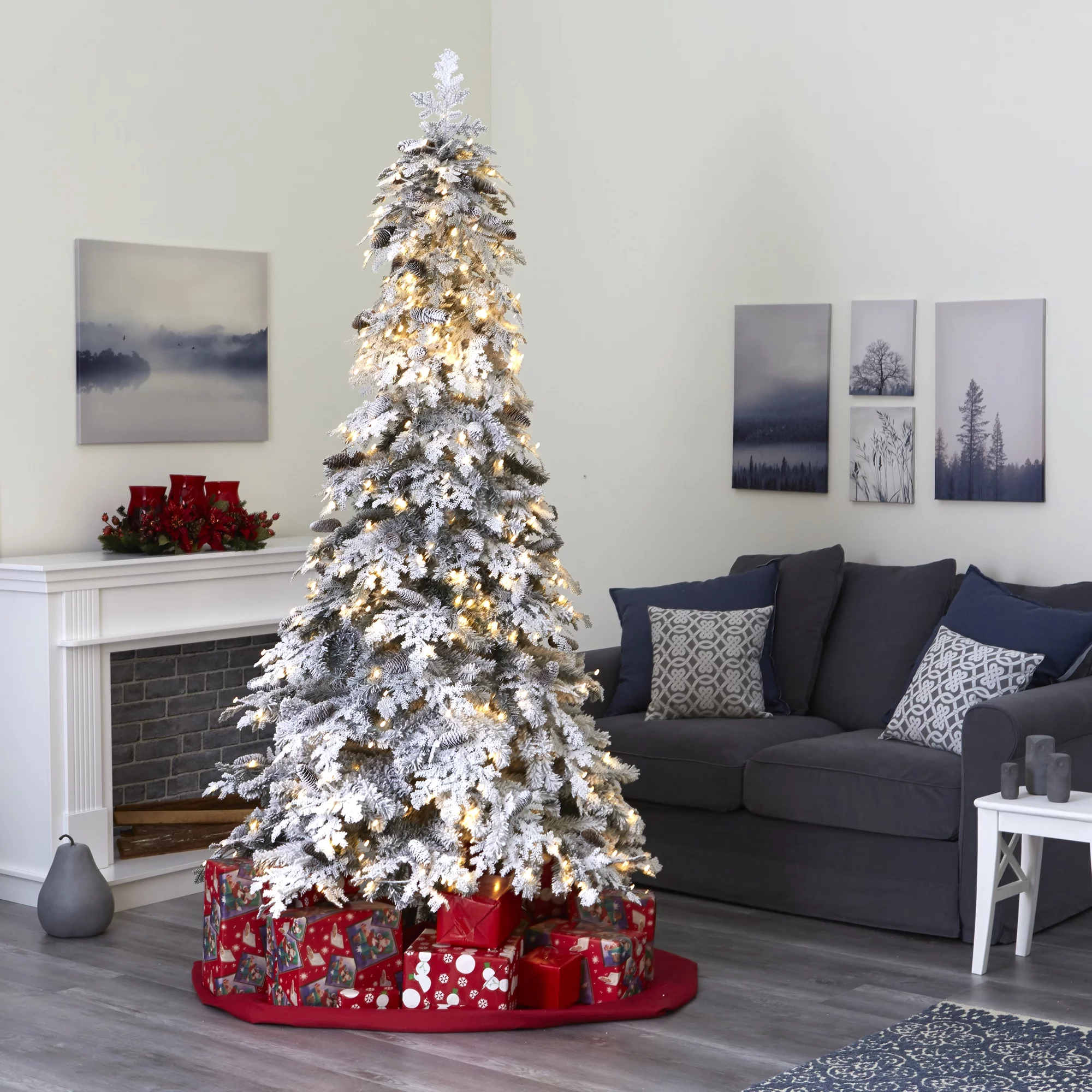 Nearly Natural 8' Flocked Spruce Artificial Christmas Tree Prelit with LED Lights, White