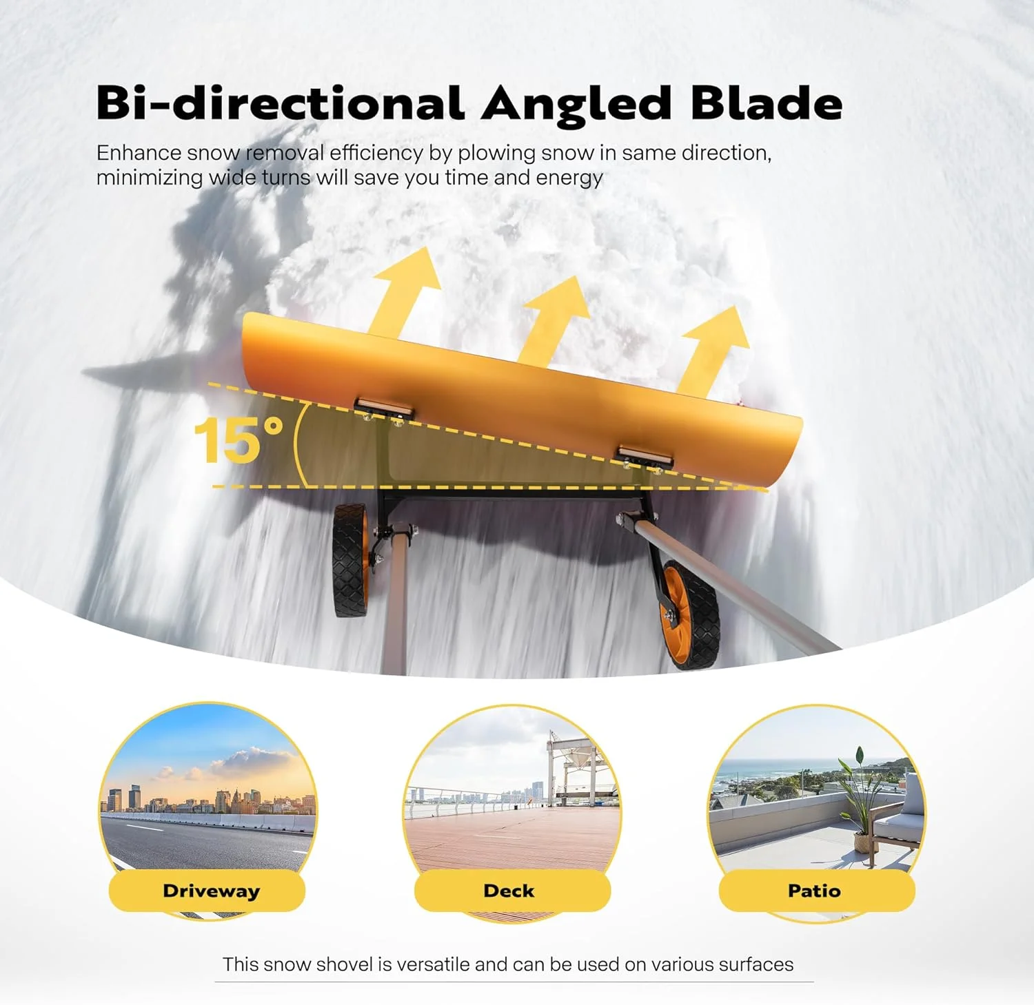 SPECSTAR 37 in Aluminum Snow Shovel Pusher with Wheels, Bi-Direction Heavy Duty Metal Snow Removal Tool